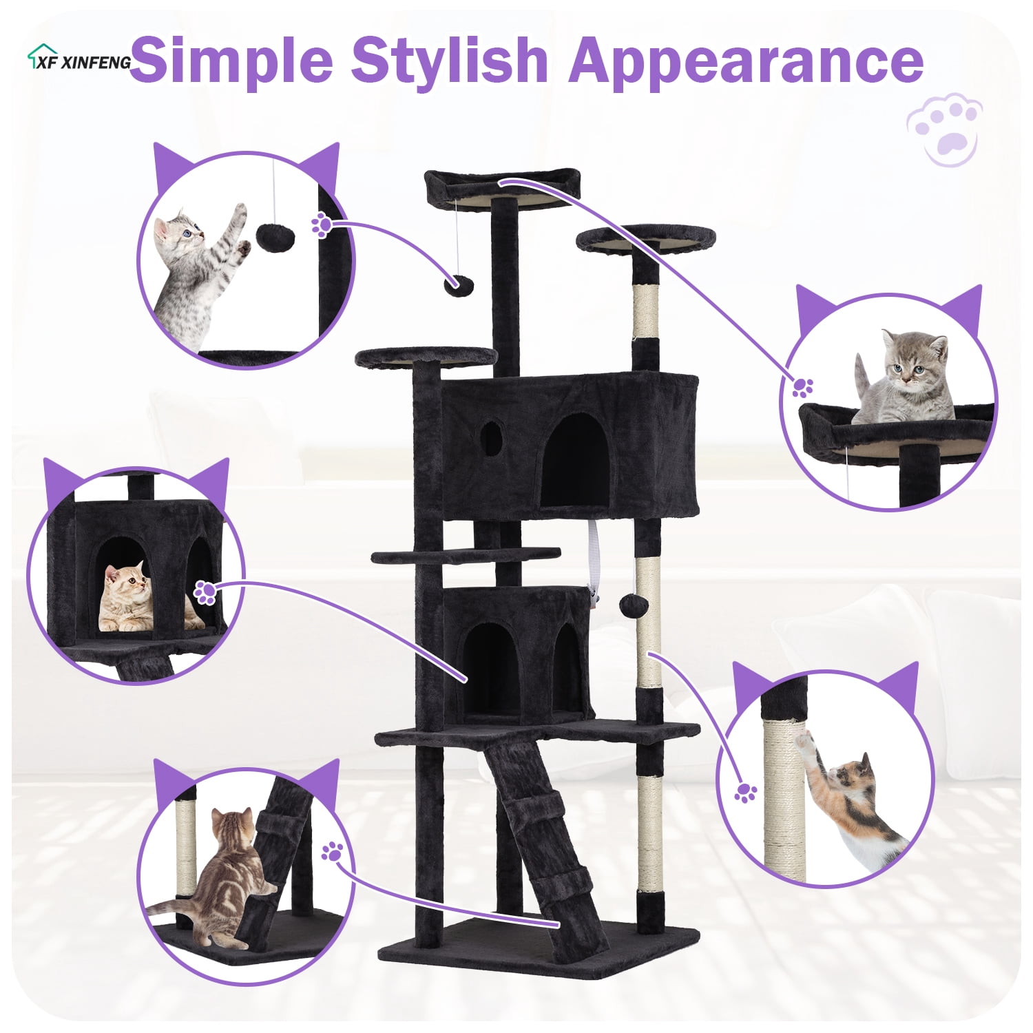 XF XINFENG 70" Cat Tree Tower Playhouse for Indoor Cats with Scratching Posts, Multi-Level Pet Cozy Condo Furniture, Dark Gray