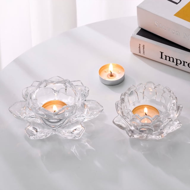 Portavelas de Cristal con Forma de Flor para Velas de Té | Decoración de Cristal para Velas de Té En Navidad, Bodas y Fiestas | Cristal Transparente | Tamaño: 12 X 4,5 Cm | Peso: 315 G