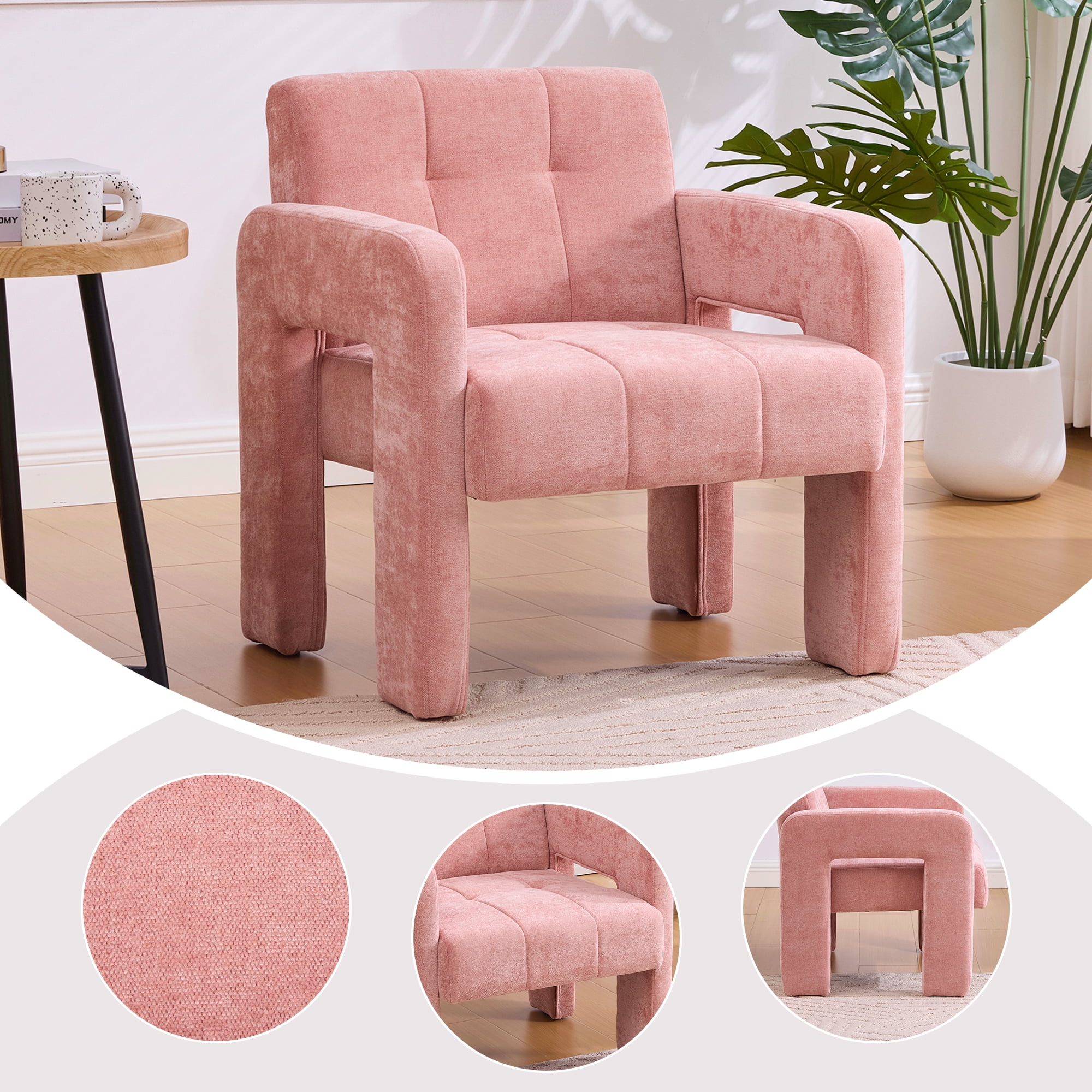 Armchair, Accent Chair, Upholstered Lounge Chair with Plush Chenille Fabric, High-Density Foam Cushion and Modern Minimalist Design, for Living Room Bedroom, Pink