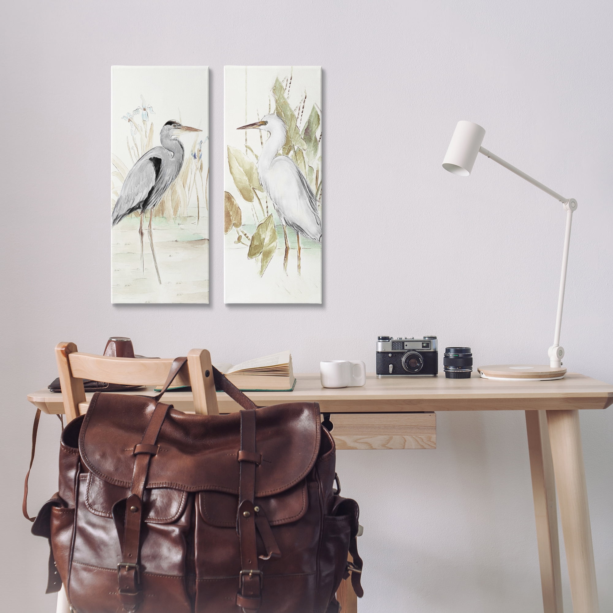 Stupell Industries Heron Egret Marsh Landscape Animals Painting Wrapped Canvas Art Print Wall Art, 10 x 24, Set of 2