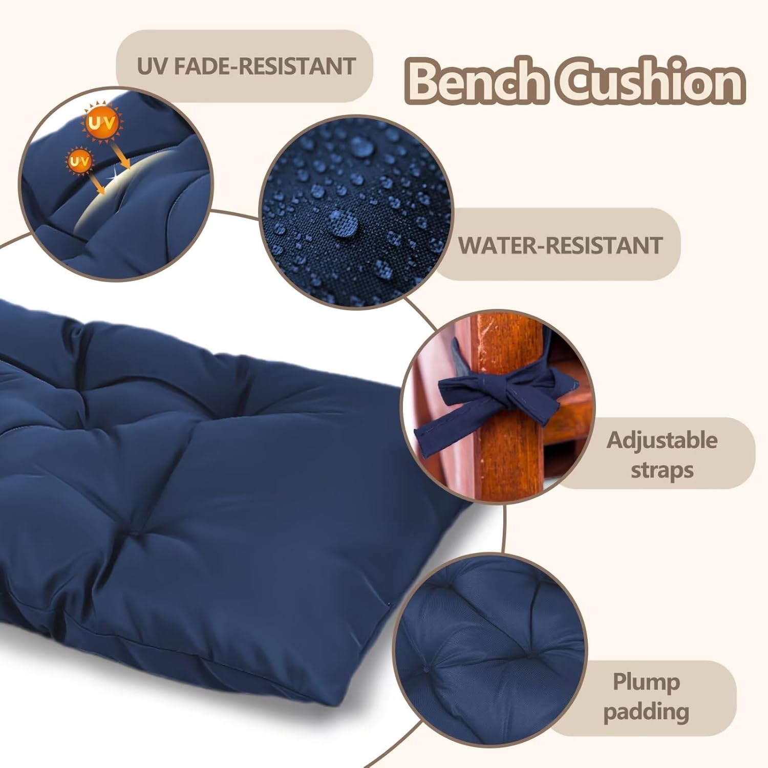 Tupukom Outdoor/Indoor Bench Cushion Waterproof Non-Slip Patio Swing Bench Cushion with Ties Patio Lounge Chair Cushion, Summer,40x20 Inch