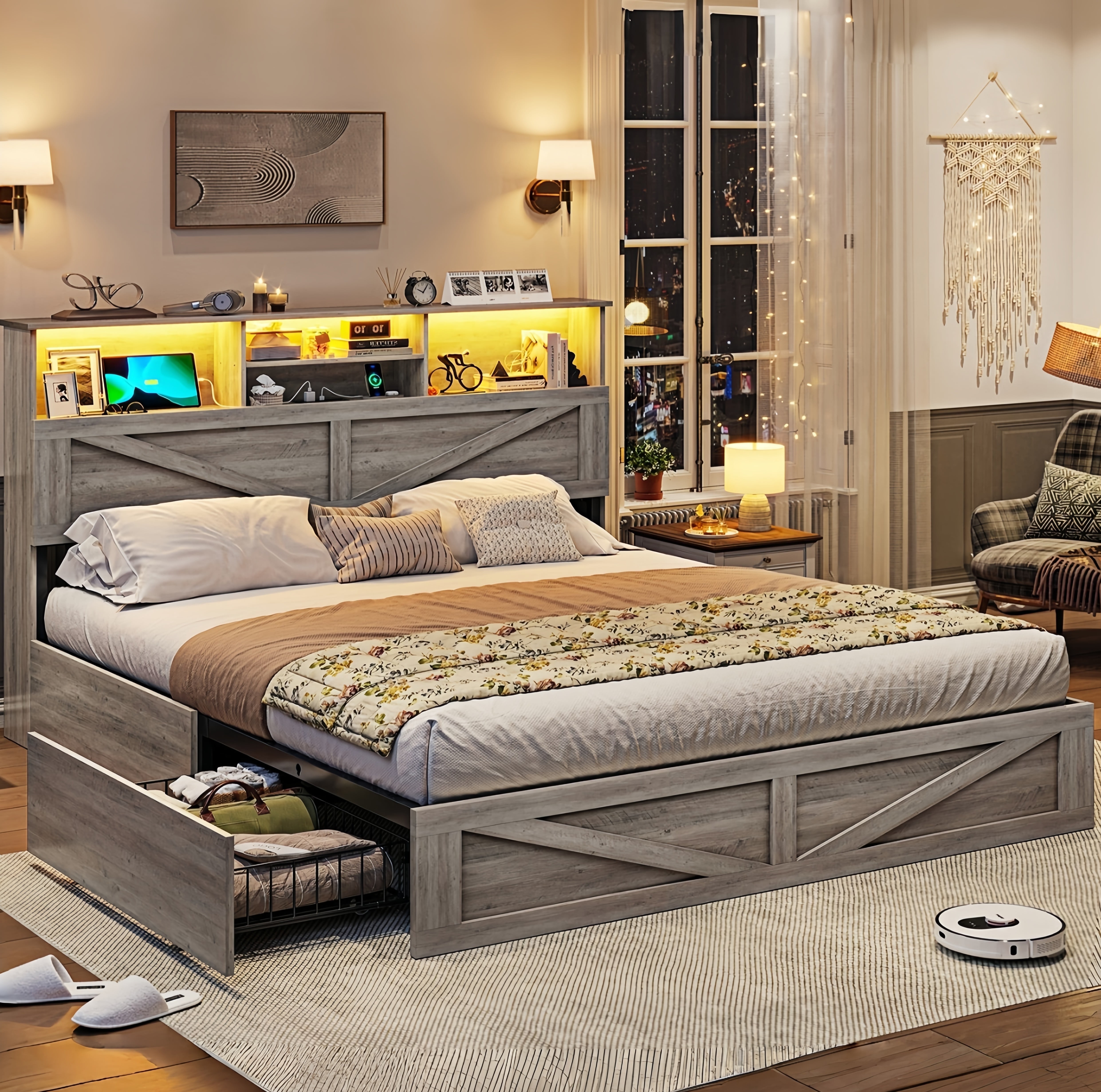 Queen Rustic Bed Frames With Storage Headboard Bookcase, Farmhouse Wooden Platform Panel Bed with 4 Drawers & Charging Station, No Boxing Need, Vintage Gray