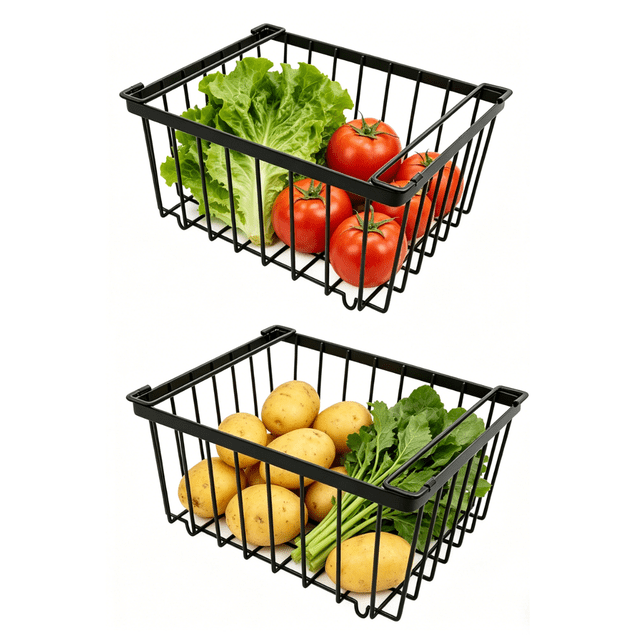 ZHUYZ 2pcs Large Carbon Steel Storage Bins with Handles, Deep Freezer Organizer Bins for Refrigerator, Freezer, Cabinet, Kitchen, Countertops, SmallFreezer, Stackable, Black