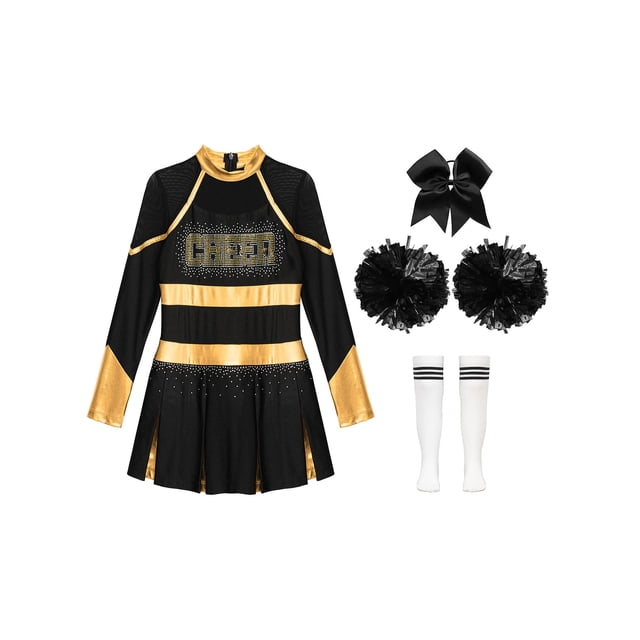 TSSOE Robe d'Uniforme Scolaire de Cheerleading pour Fille, Robe Plissée à Manches Longues, Tenues de Performance de Cheer, 5-16 Ans, Or&Blanc 8