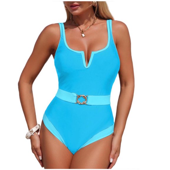 Xfvqtps Women One Piece Swimsuit with Belt Removable Padding Tummy Control Slimming Adjustable Straps V Neck Bathing Suit for Beach Light Blue