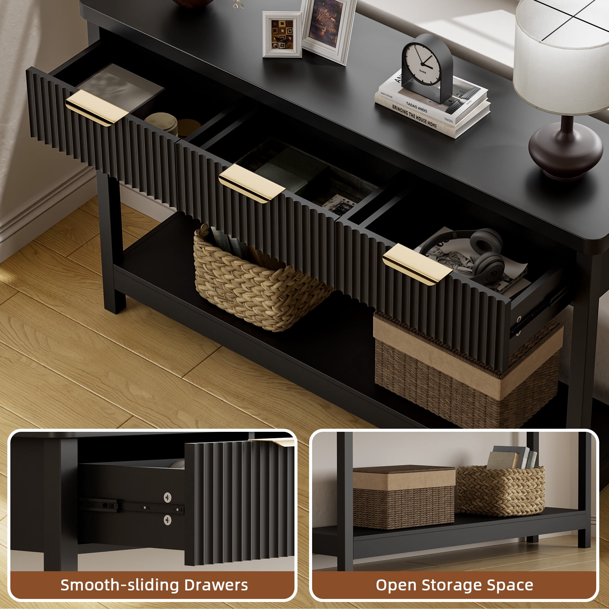 Laintene Console Table for Entryway, 51" Fluted Sofa Table with 3 Drawers and Open Shelf, Modern Narrow Display Shelf for Hallway Living Room, Black Set of 2
