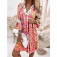 thumbnail image 2 of Women's Boho Floral Printed Lace Dress Loose V Neck 3/4 Sleeve Mini Beach Spring Summer Dresses for Women 2024, 2 of 10