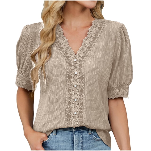Eres Más Que una Camisa de Puntuación de Prueba Boho Top Manga Corta Cuello Redondo Blusa Suelta, Detalle de Encaje Color Sólido Desgaste de Verano Casual, Mezcla de Poliéster Spandex