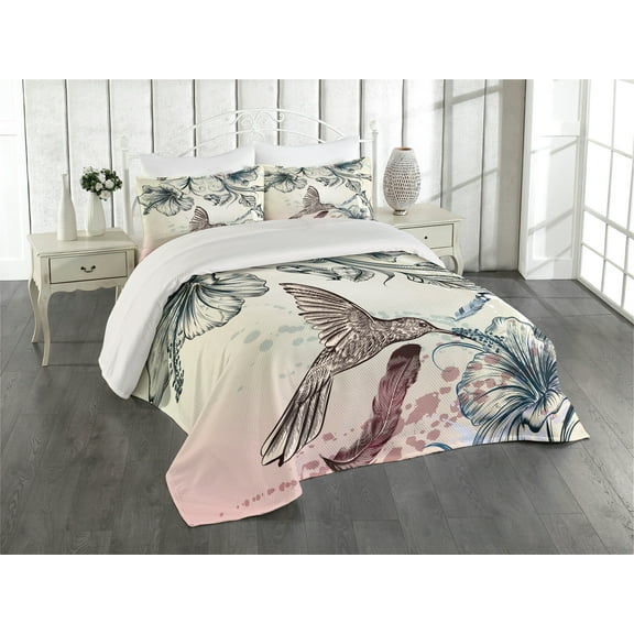 Ambesonne Nature Quilted Coverlet 3 Pcs, Vintage Birds Flowers, Queen Size, Teal Brown