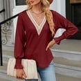 thumbnail image 3 of Blusas Sueltas Blusas de otoño con dobladillo de encaje Blusas básicas de mujer de color sólido Traje de vacaciones de manga larga Cgtredaw Vino Tinto L para Mujer, 3 of 6
