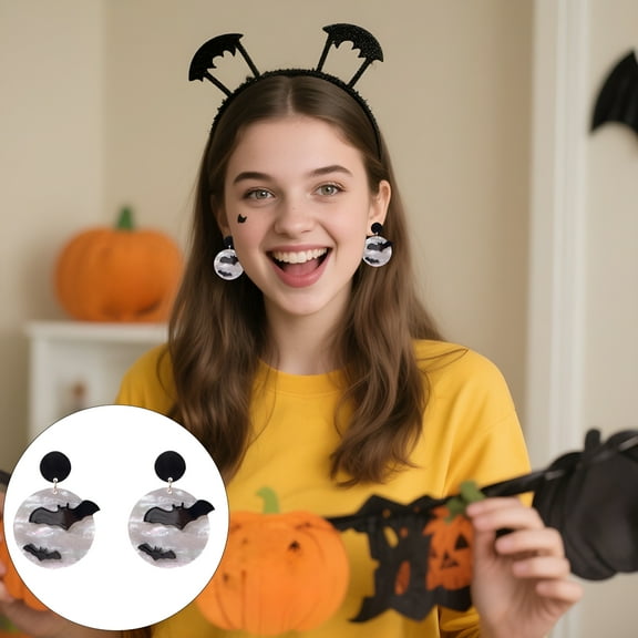 DESIGNICE 2 Pcs Gothic Halloween Earrings for Women - Black Acrylic Bat/Pumpkin Drop Pendants (7cm), Lightweight Witch Vampire Party Jewelry, Spooky Holiday Accessories