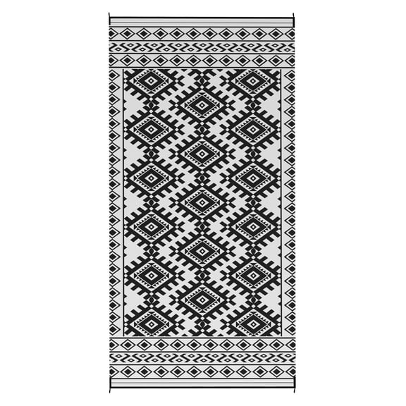 Outdoor Rug 9x18 Reversible, Waterproof Plastic Straw Rug with Bag, Black & White Rhombus Border, RV Patio Camping Rug