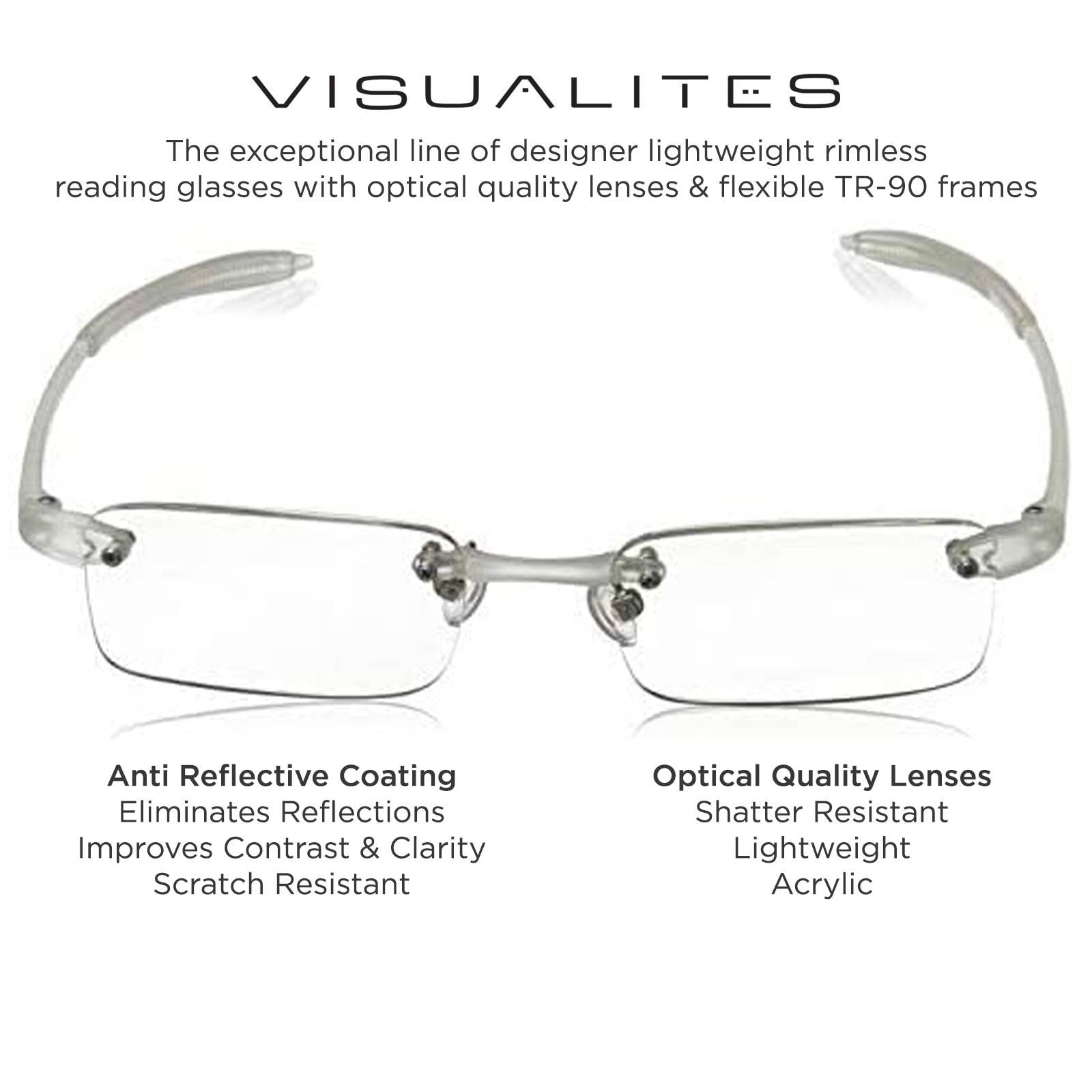 Visualites 1 Crystal 2.25 Power Lightweight Rimless Rectangle Reading Glasses For Men and Woman