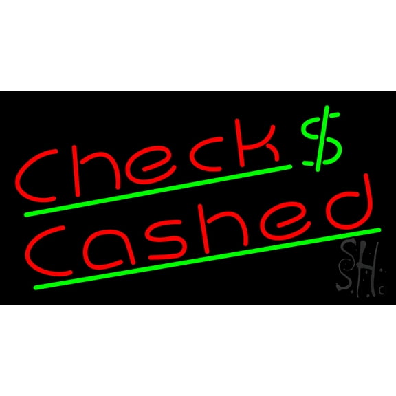 Checks Cashed Dollar Logo LED Neon Sign 13 x 24 - inches, Black Square Cut Acrylic Backing, with Dimmer - Bright and Premium built indoor LED Neon Sign for Pawn store interior decor, and stroefront.