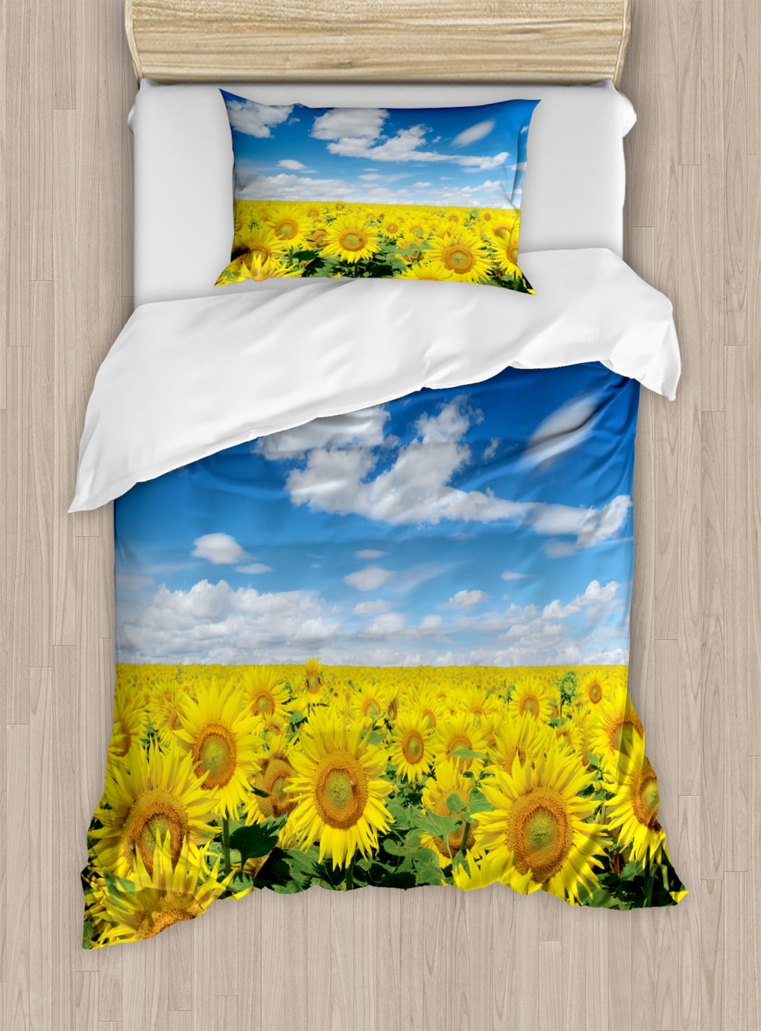 Sunflower Duvet Cover Set, Fresh Sunflowers Field under Clear Sky Clouds Countryside Farm