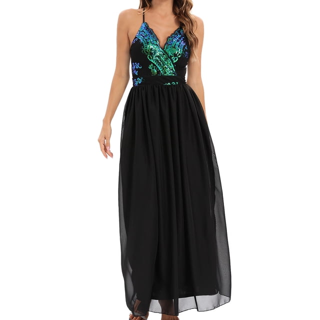 Fankiway Robe Mode Femme à Paillettes Col en V Paillettes Soirée Club Longue Jupe Robe de Soirée Formelle Robes de Plage Grande Taille
