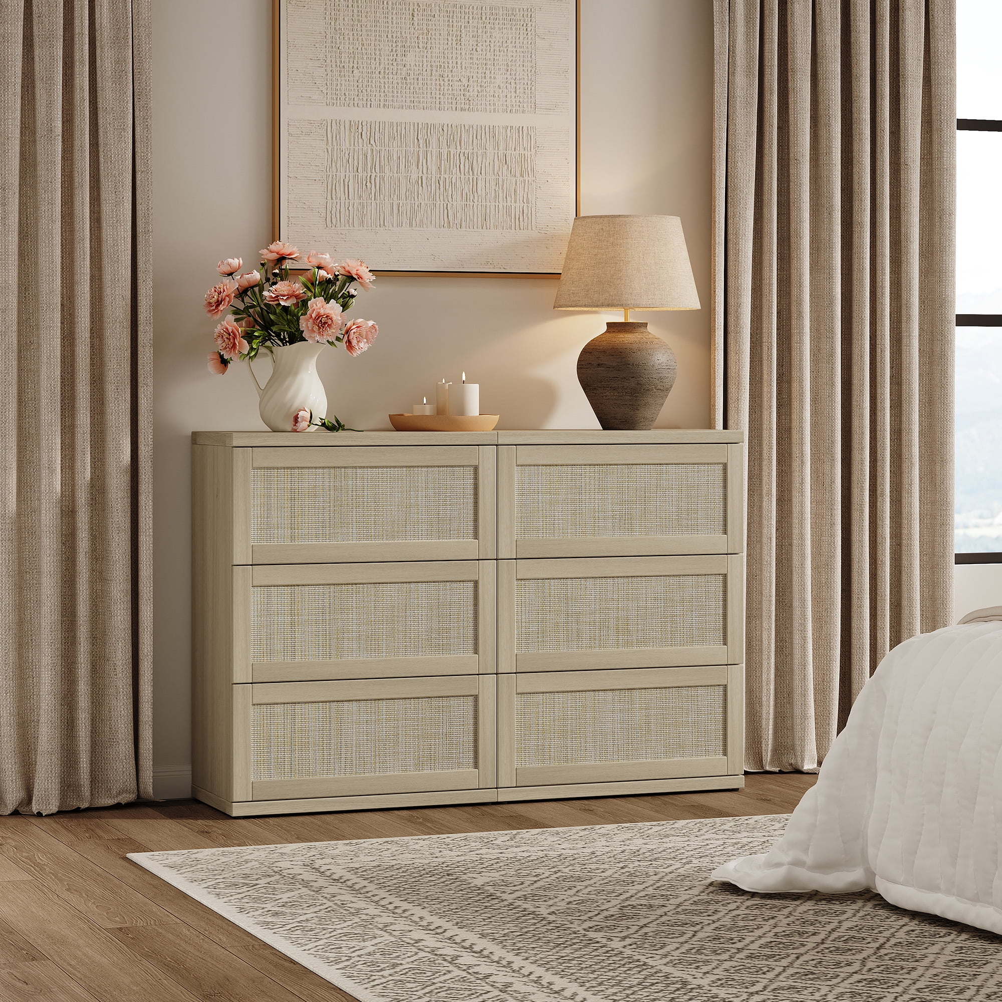 SICOTAS Small 3-Drawer Dresser Nightstand Set of 2, 50.7"W Boho 6 Drawer Dresser with Slide Rails, Rattan Chest of Drawers, Modular Storage Cabinet for Bedroom & Living Room, Light Oak