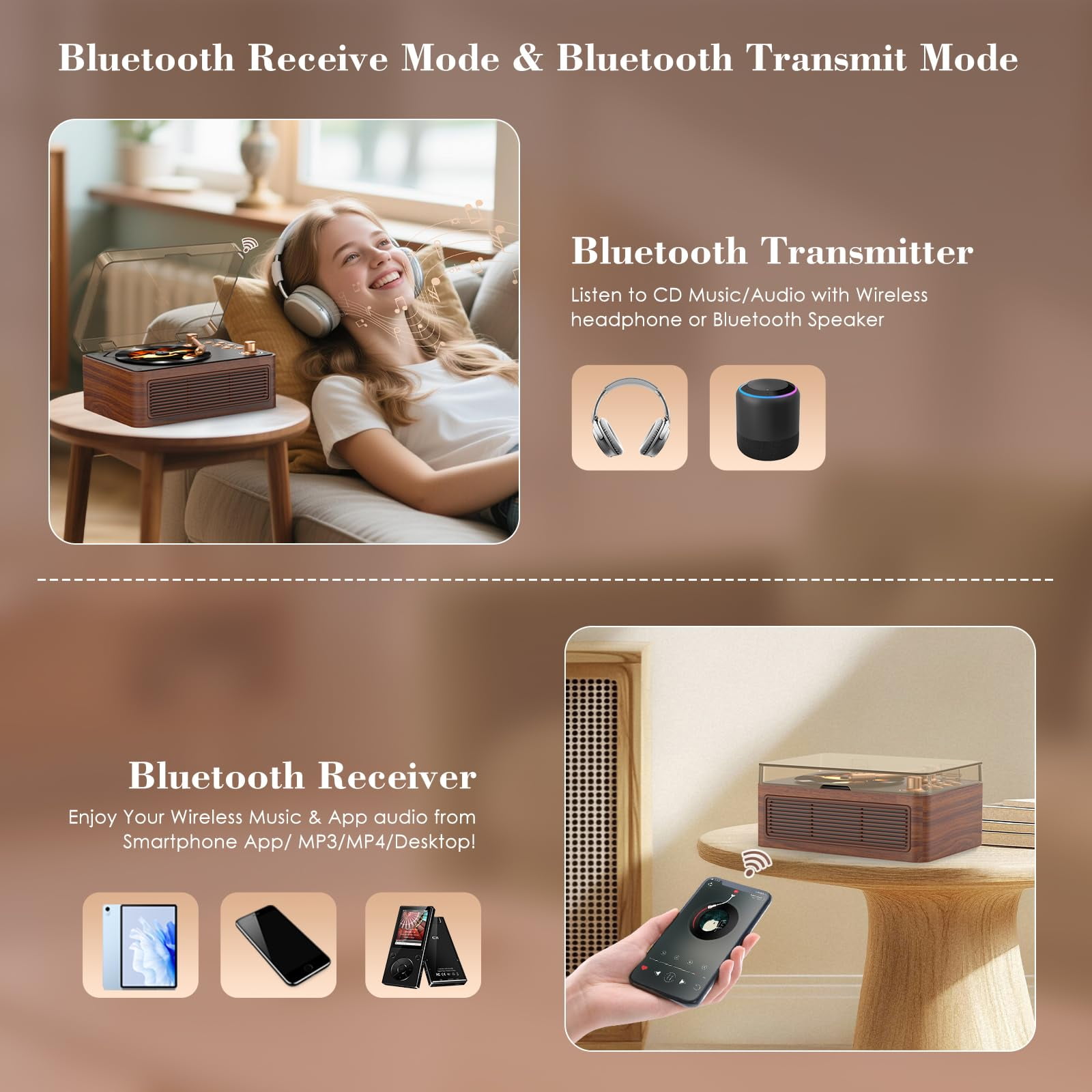 Qoosea CD Player Portable Bluetooth, CD Players for Home with Speakers Remote Control, Retro CD Player Support USB/AUX Playback Headphone Jack Radio