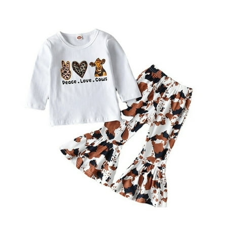 

Toddler Girls Winter Long Sleeve Monogrammed Tops Brown Cow Print Bell Bottoms 2pcs Set Outfits