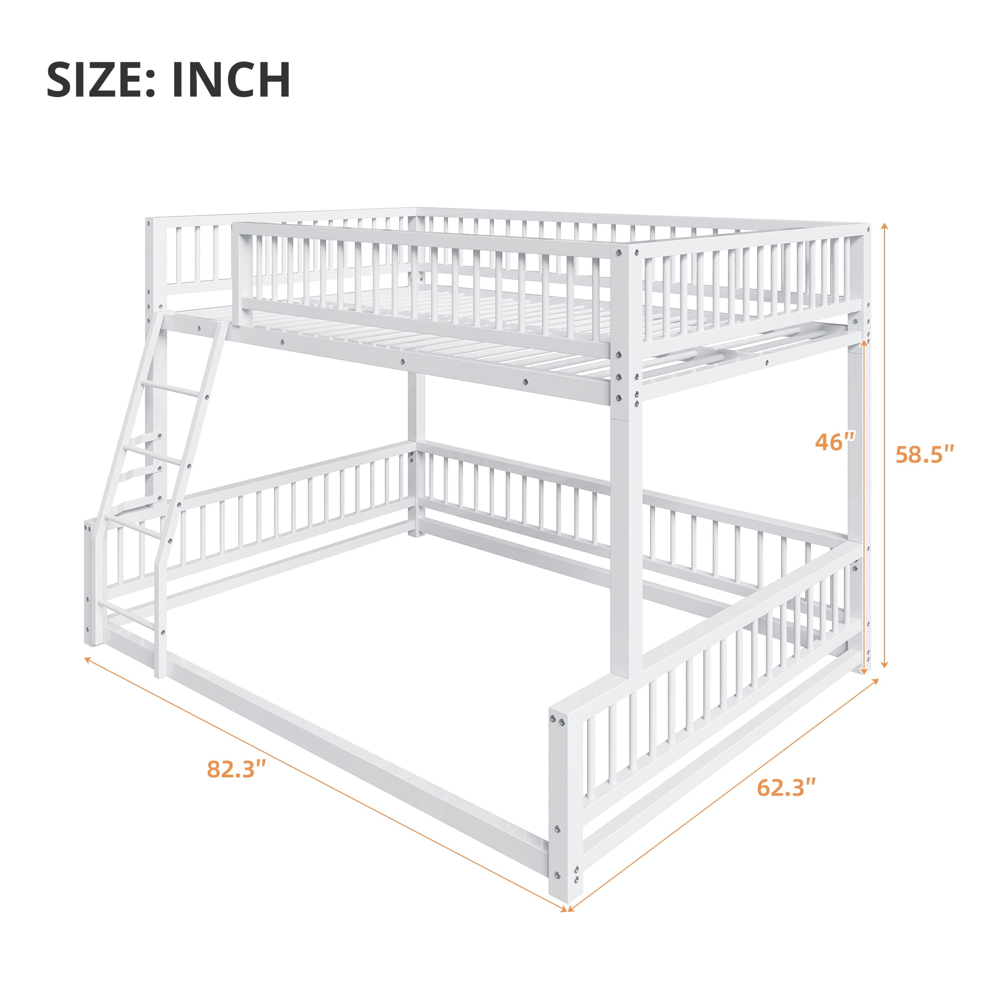 Leumius Full XL over Queen Bunk Bed,Heavy Duty Metal Bunk Beds for Adults and Kids,Floor Bed Frame with Ladder and Safety Guardrails, Easy Assemble,White