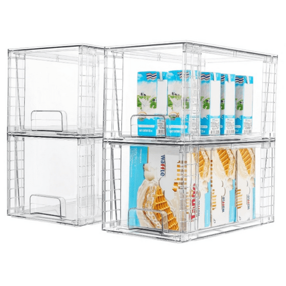 4Pack Large Stackable Kitchen Pantry Storage Drawers, Clear Organizer Bins with Handles, Acrylic Drawer Organizers for Kitchen Pantry, Bathroom Undersink, Cabinet Organization and Storage