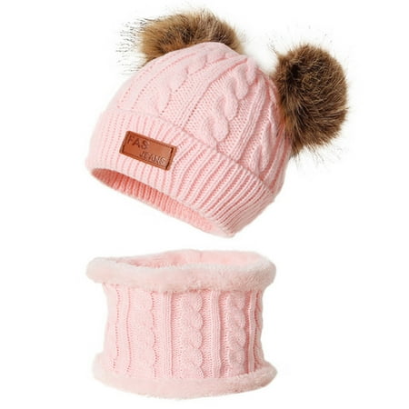 

Baby Hat Winter Scarf Set Knitted Warm Lined Skiing Lovely Pompom Kids Beanie Cap for Boys Girls