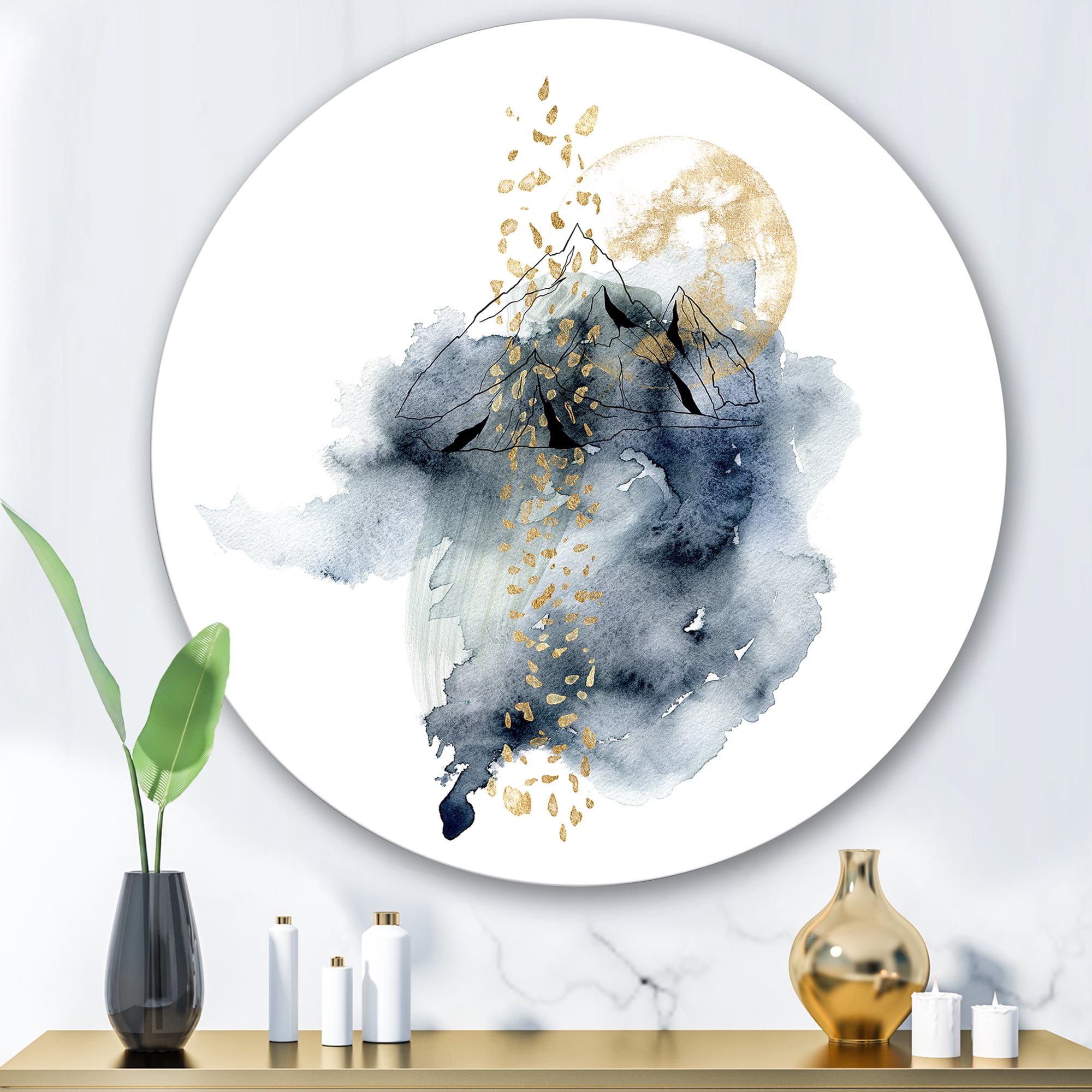 Designart 'Minimalistic Landscape of Moon With Mountains' Modern Circle Metal Wall Art 36x36 - Disc of 36