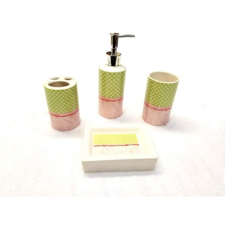 Empire Home Pink Girls 4-Piece Bathroom Accessory Ceramic Set - Lotion Dispenser/Tumbler / Toothbrush Holder/Soap Dish - Children's