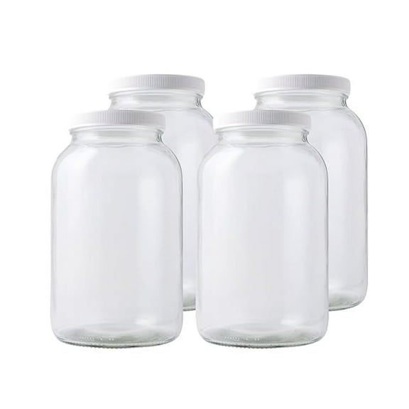 1 Gallon Mason Jar with White Airtight Lid (Pack of 4) | Regular Glass Canisters with Airtight Lids | Large Mouth Glass Jar for Food Storage, Canning, Fermentation, Pickling