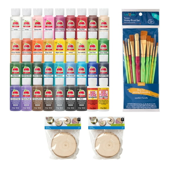 Apple Barrel Giftable Set, 54 Pieces with 34 Acrylic Paints, 2 Mod Podge Formulas, 8 Wood Rounds, and Paintbrushes