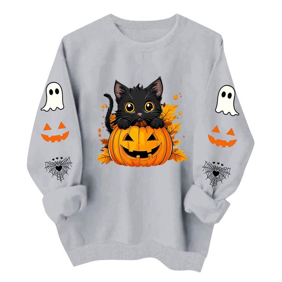 Cute Halloween Sweatshirt Women Black Cat Pumpkin Sleeve Graphic Print Crew Neck Long Sleeve Pullover Oversized Fleece Lined Fall Top for Spooky Season Holiday Party and Casual Outfits