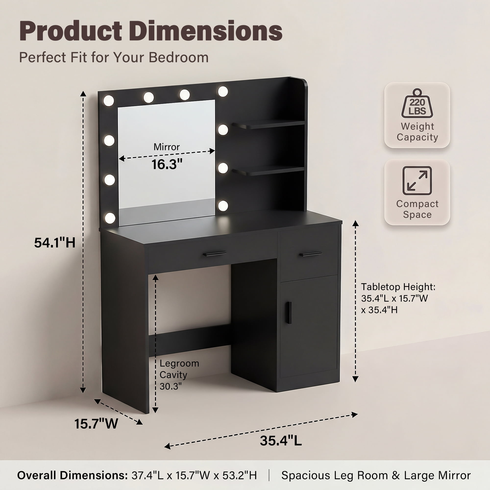Vineego Makeup Vanity Desk with Mirror, Vanity Set with Charging Outlets and LED Lights, Vanity Table with Storage Shelves Drawers and Cabinet for Bedroom Dressing Room, Black
