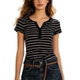 thumbnail image 2 of Tshirts for Women Striped Print Short Sleeve Notch V Neck Half Button Top Womens Blouses Black L, 2 of 4