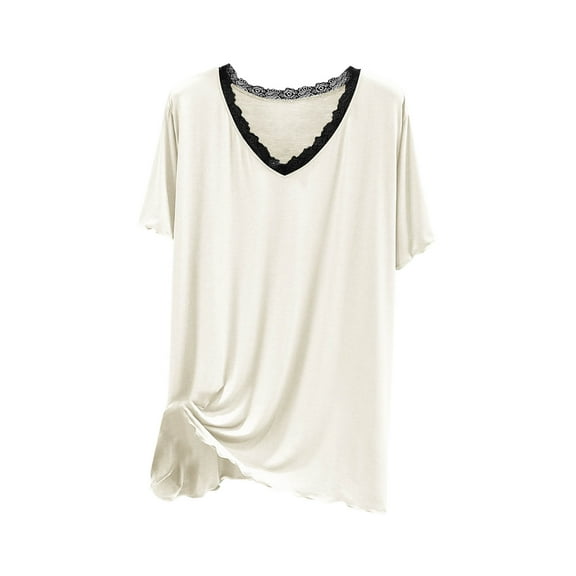Women's Pajamas Tops Women Fashion Large Size V-Neck Solid Color Lace V-Neck Short-Sleeved T-Shirt Home Coat White Free Size