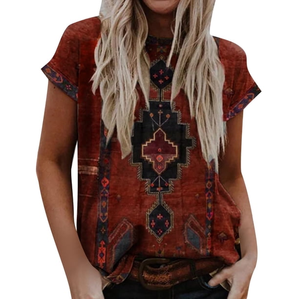 Gibobby Camiseta de manga corta para mujer Top de verano para mujer, camisas de manga corta con cuello en V, camiseta estampada, camisetas informales, camiset(Rojo,XL)