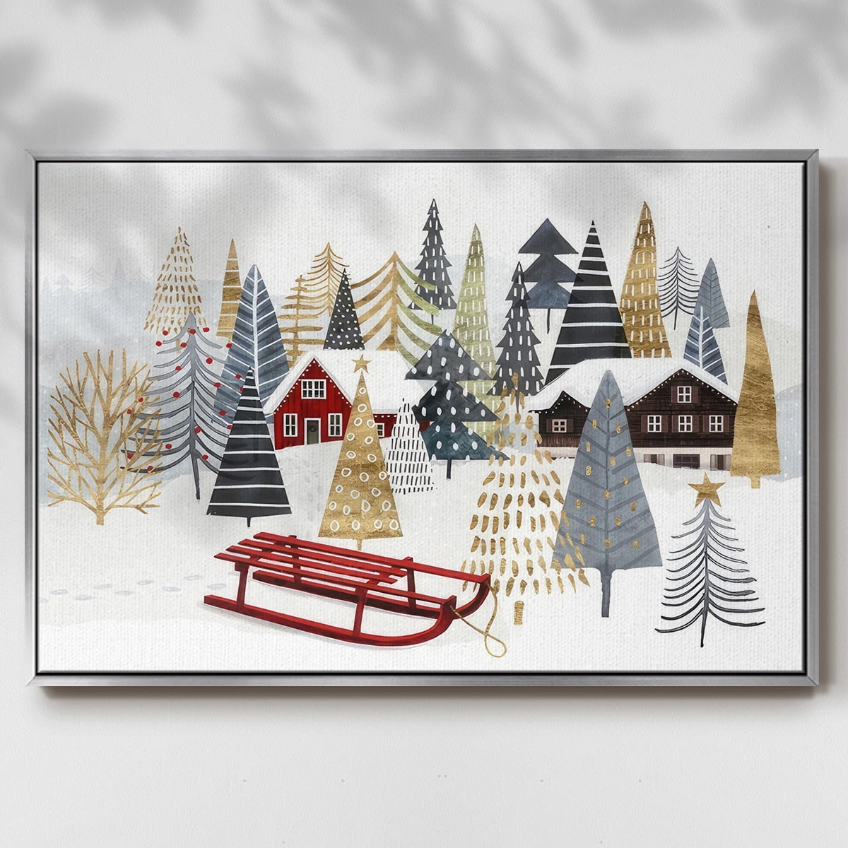 Christmas Chalet Collection A - Framed Gallery Wrapped Holiday Canvas - 27 x 41 - Silver Frame