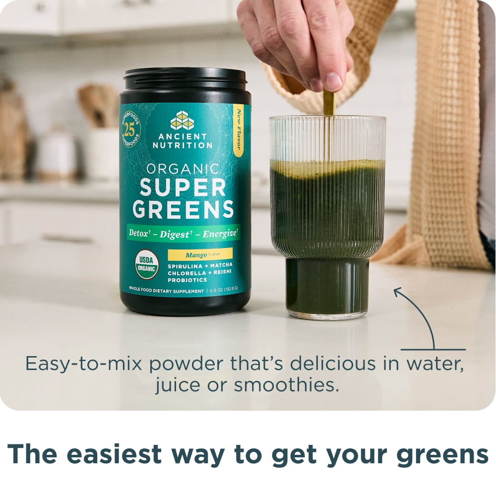 Ancient Nutrition SuperGreens Powder with Probiotics, Organic Mango Flavor Greens, Made from Real Fruits, Vegetables and Herbs, Digestive and Energy Support, 25 Servings, 6.8oz