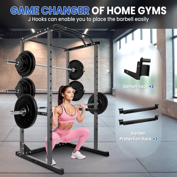 1200 LBS Power Cage, 1200 LBS Heavy Duty Squat Rack with Pull Up Bar, 14 Height Adjustable J Hooks for Squat Rack Home Gym