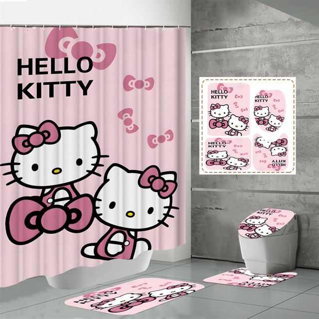 Fabricantes de fuentes de comercio electrónico transfronterizo Impresión digital 3D Cortina de ducha de baño de poliéster impermeable Hello Kitty Serie 3 fabricantes directos