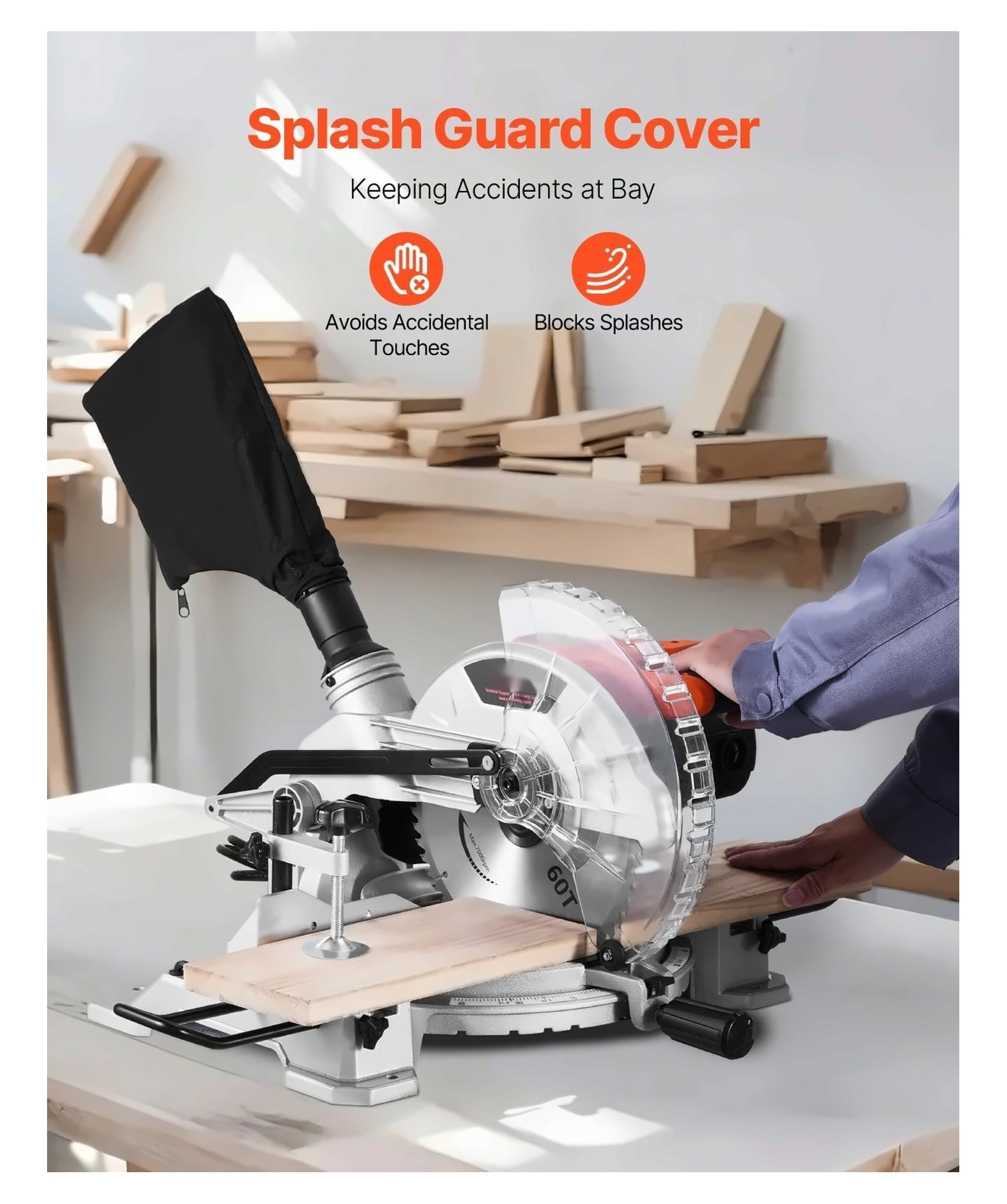 10-Inch Compound Miter Saw, 15 Amp Single Bevel Miter Saw with 60T Blade, LED Guide, 0-45° Bevel Cut, Corded Electric Miter Saw for Woodworking