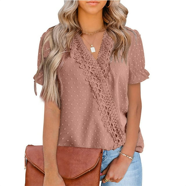 Camisa de manga corta para mujer, cuello en V, fecha de verano, vacaciones, Tops simples de Color sólido, blusa informal, camiseta, ropa, Ropa, zapatos y accesorios Miscelánea Rosa oscuro METRO Minnieouse AP011577-12