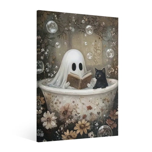 Vintage Halloween Ghosts and Black Cats in the Bathtub Canvas Wall Art Painting ，Gothic Print Pictures for Home Wall Decor Horror Creepy Dark Posters for Living Room Home Halloween Party Decor Framed