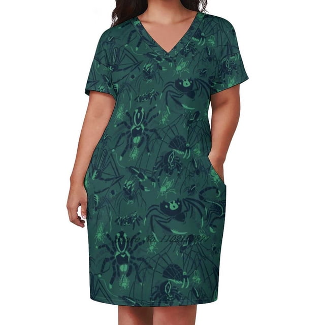 Arachnid Collective - Robe Verte Ample avec Poches pour Femmes Robe Décontractée Col en V Robe Imprimée Motif Araignées Arthropode Vert