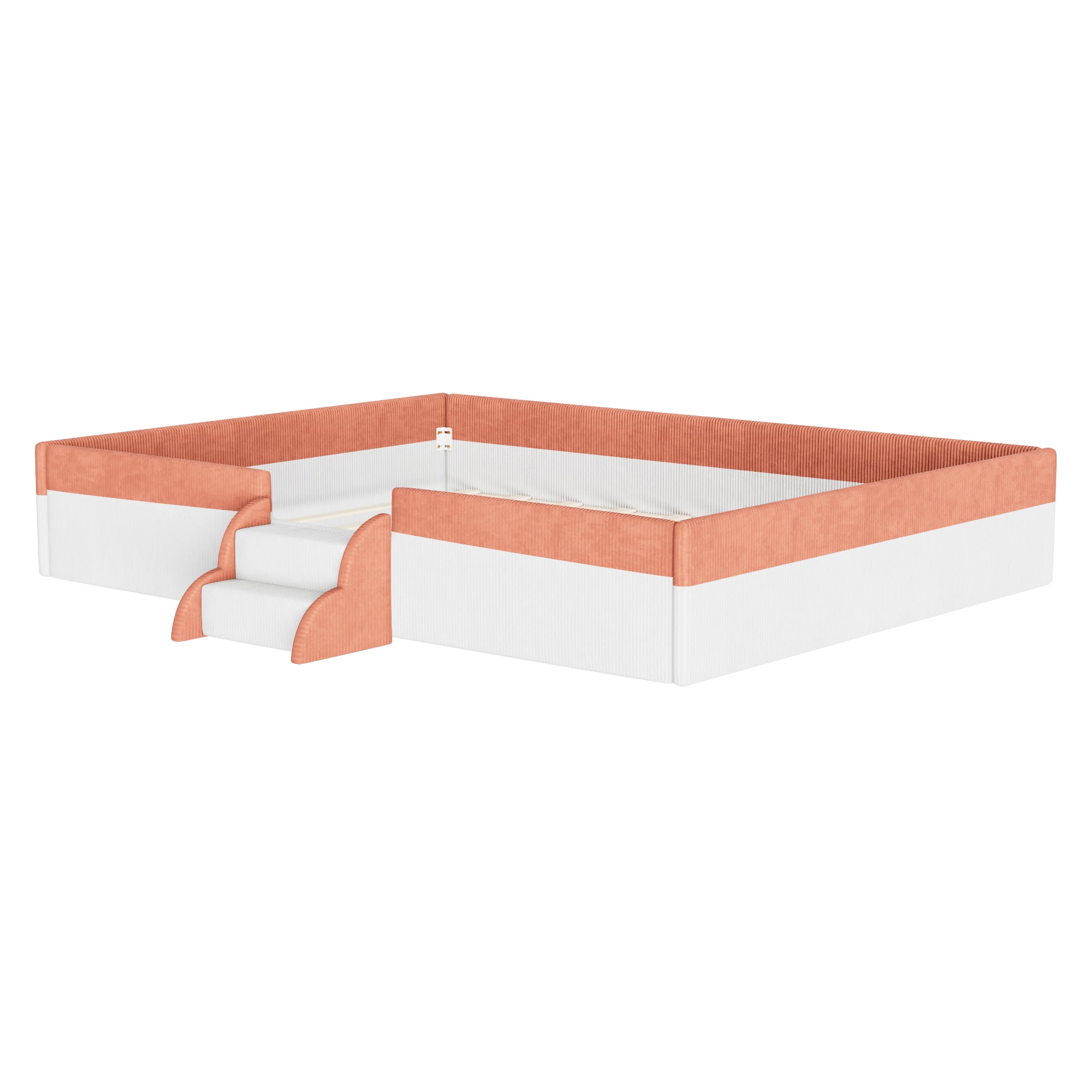 Howcool Queen Size Corduroy Upholstered Floor Bed with Fence and Smart LED Lights,2-Tier Steps Platform Bed Frame,Brown+White