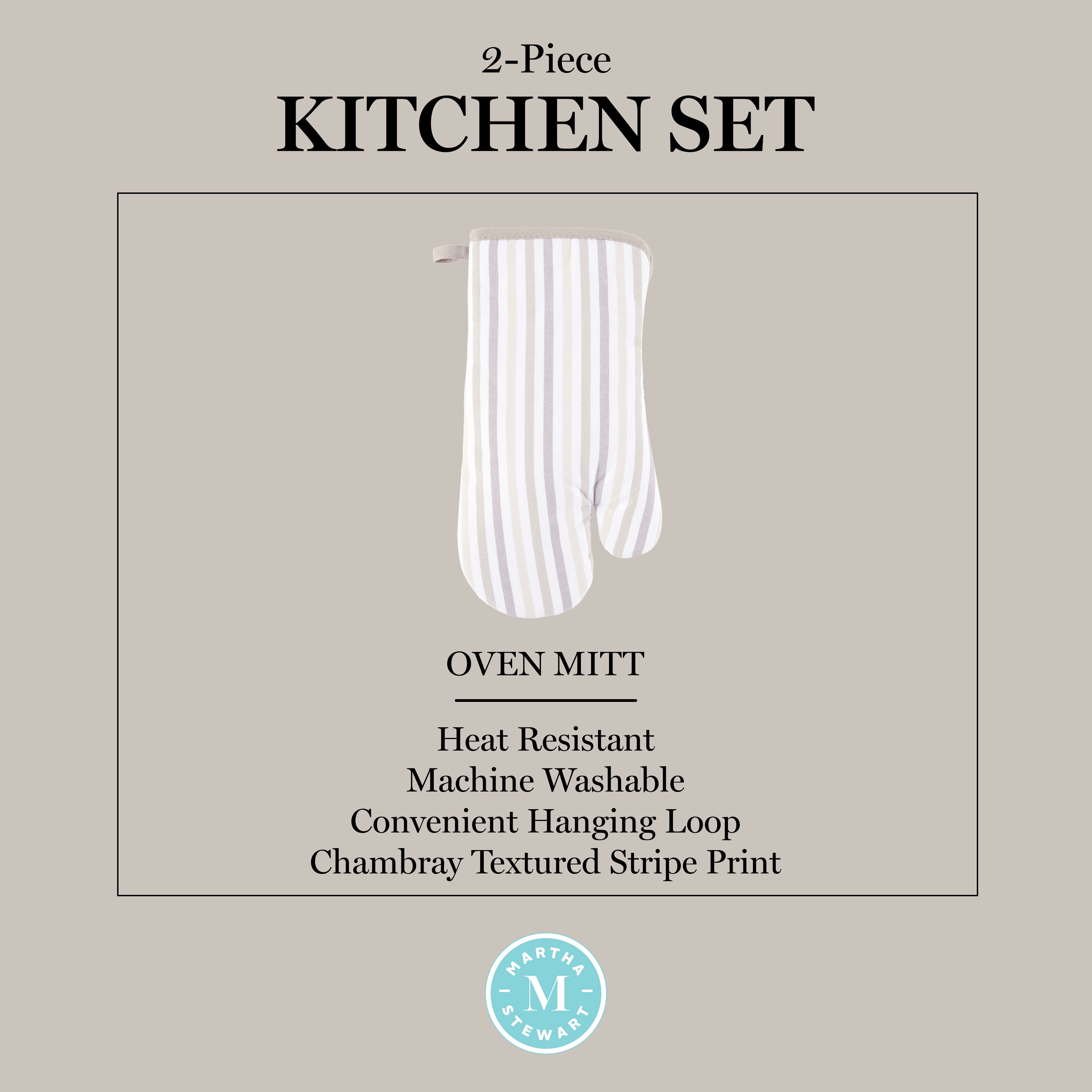 Martha Stewart Daisy Stripe Oven Mitt Set 2-Pack, Beige/Brown, 7"x13"