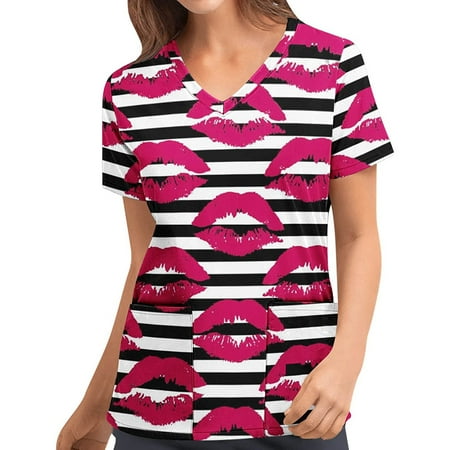 

Frostluinai Valentine Pattern Scrub Tops Women Short Sleeve Nurse Scrubs Working Uniform Pattern Nursing T-Shirt With Pockets