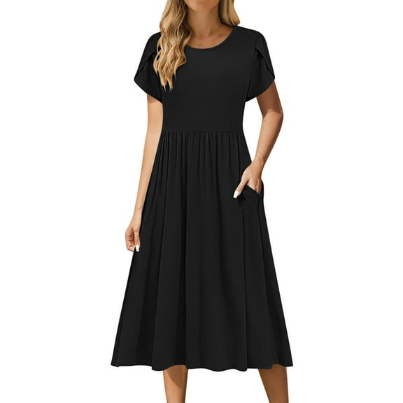 dazeni Women's Short Sleeve Dress 2025 Trendy Empire Waist Pleated A Line Flowy Long Dresses Solid Casual Crewneck Dress with Pockets