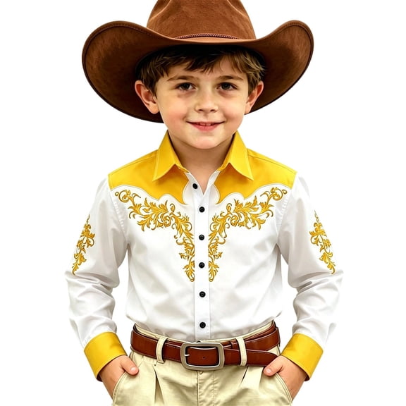 KHONTS Western Cowboys Shirts for Kids Button down Casual Collared Shirts,Size 4-13 Years Yellow 160