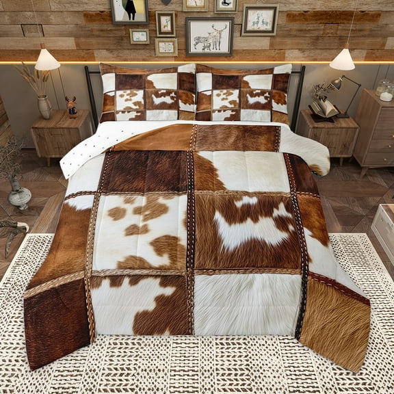 Homewish Country Farm Cowhide Bedding Comforter Set,Rustic Farmhouse Cabin Twin Comforter Sets,Patchwork Cow Hide Bedding Set For Men Women,Ultra Soft Home Decor Reversible,2-Piece