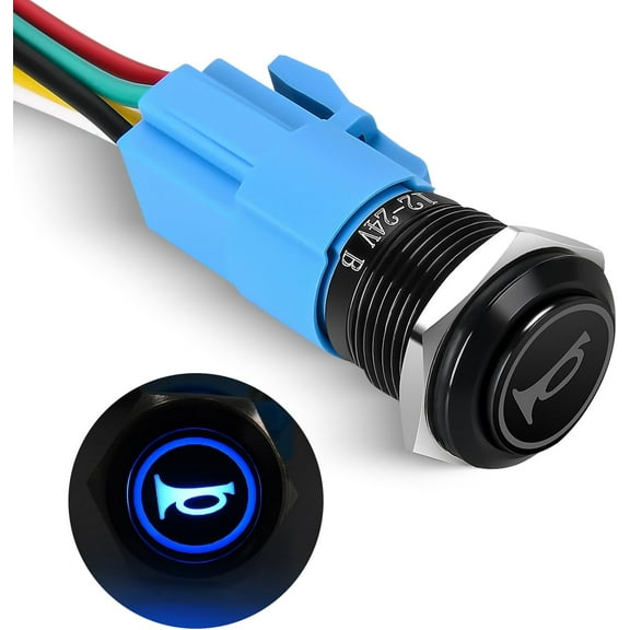Nilight 16MM Raised Speaker Horn Momentary Push Button Switch 12V Blue Led Light Stainless Steel Shell SPDT with Pre-Wiring Socket Switch 180mm Wiring Harness for Car Modification,2 Years Warranty